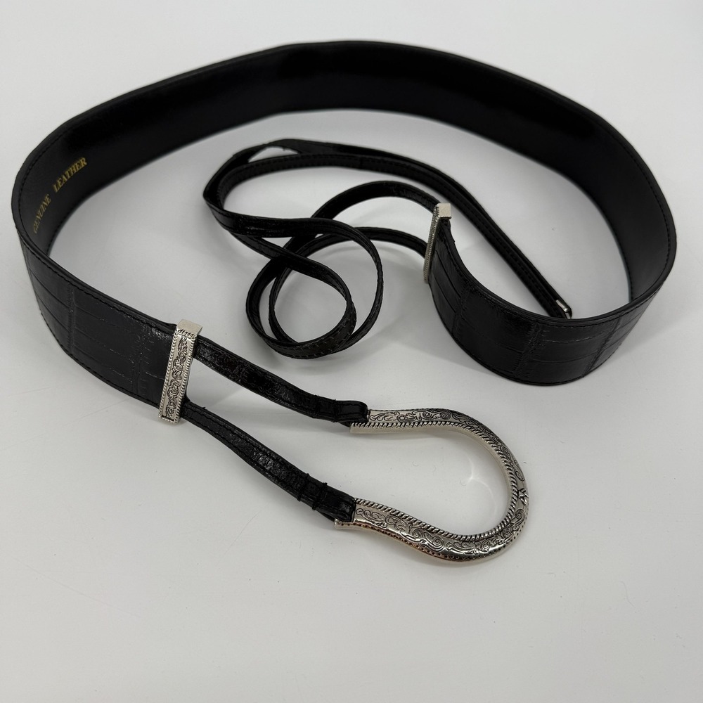 Western Leather Belt Mens One Size Black Engraved Horseshoe Buckle Silver Tone‎